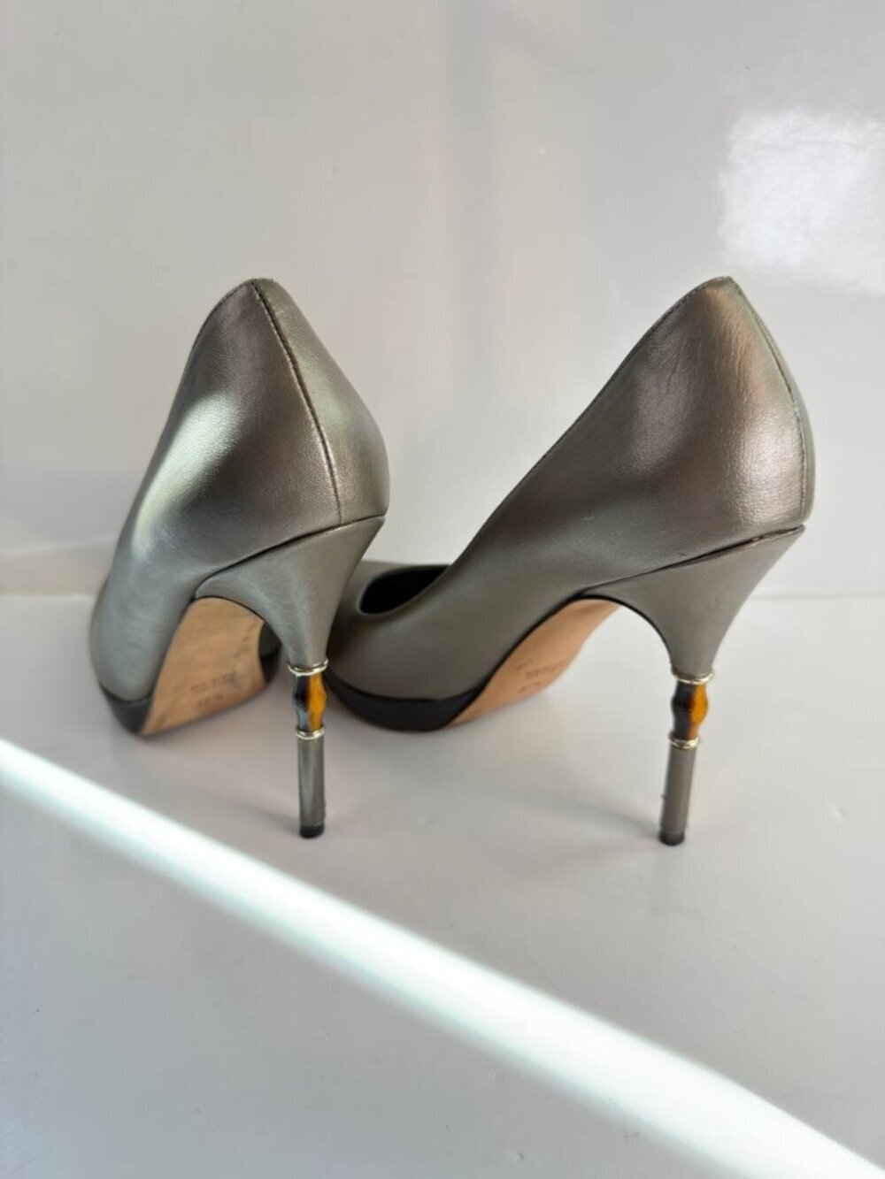 Gucci Metallic Gunmetal Gray Leather High Heel Pumps - Picture 11 of 16